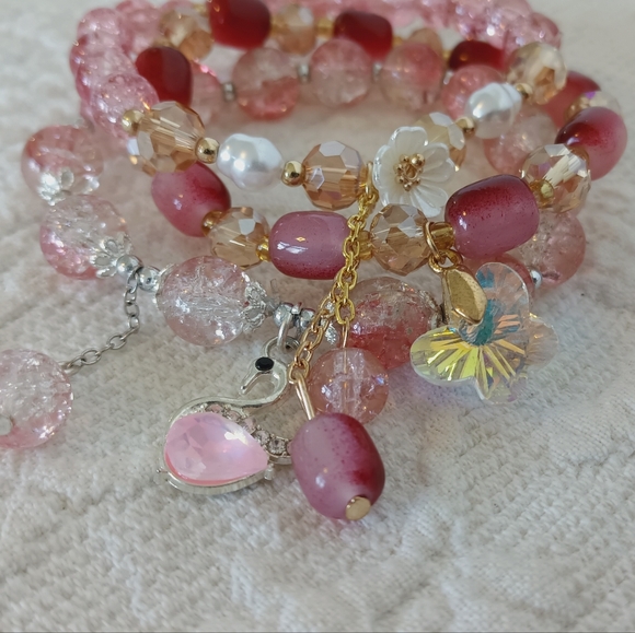 Elegant Pink Gold Beaded Charm Bracelet Set Crystal Pearl Swan Butterfly Girly - Picture 2 of 9
